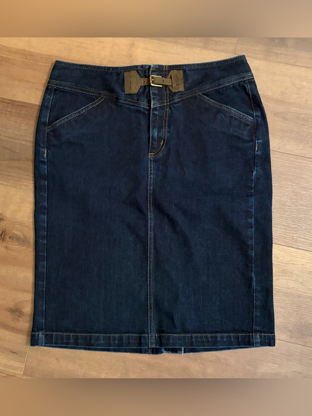 Ralph Lauren Denim Jean Leather Trim Equestrian Pencil Skirt Women's Size 6